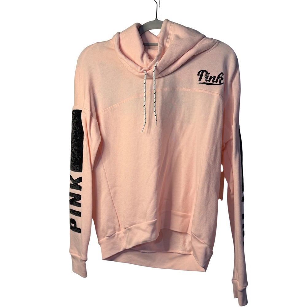 Pink Victoria's Secret Hoodie Pink Sequin Graphic Pullover‎ Sweatshirt XS Womens